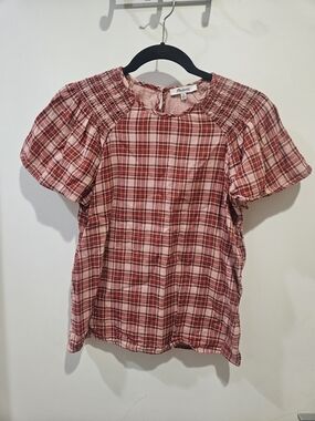 Madewell Red and White Plaid Smocked Yoke Puff Sleeve Blouse